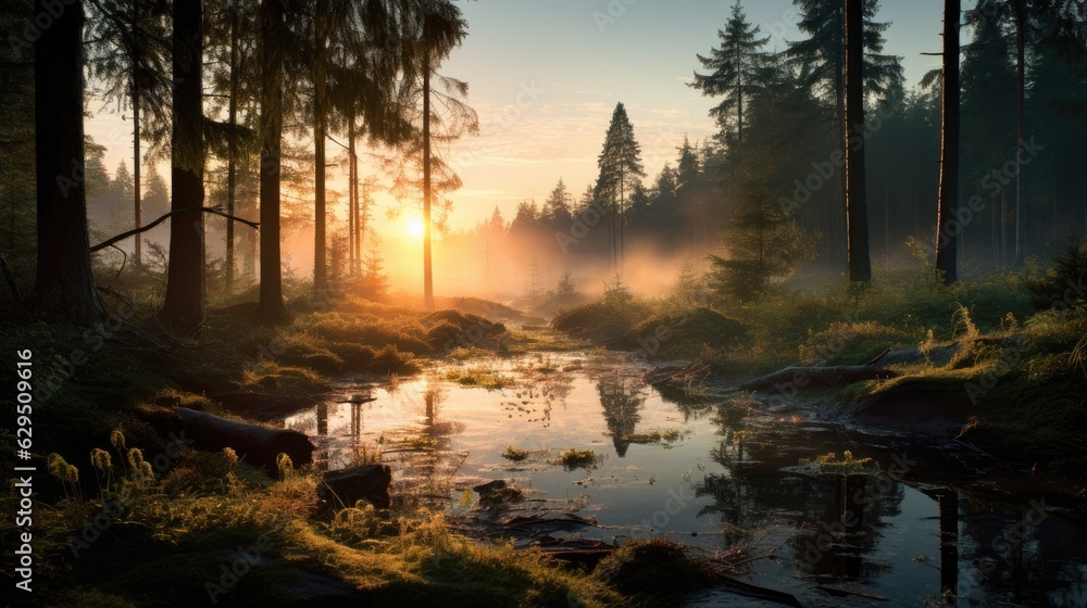 Beautiful sunset over a lake with small waves. A forest of pine and spruce trees line the lake,sunrise over the lake, beautiful spring season wallpapers and textures and spring background Beautiful sunset over a lake with small waves. A forest of pine and spruce trees line the lake,sunrise over the lake, beautiful spring season wallpapers and textures and spring background