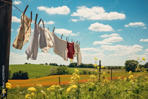 clothes drying on clotheline in the fields outdoor photo