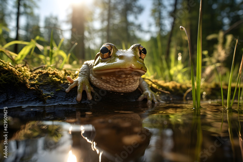 A swamp and a frog in the forest pond photo