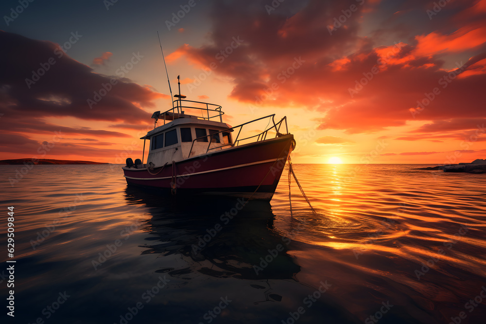 Fototapeta premium A sunset and a fishing boat after golden hour. Calm and relaxation background