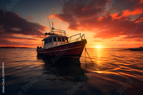 A sunset and a fishing boat after golden hour. Calm and relaxation background © Ployker