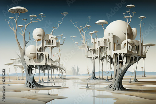 World surrealism illustration, houses on dry trees in the desert