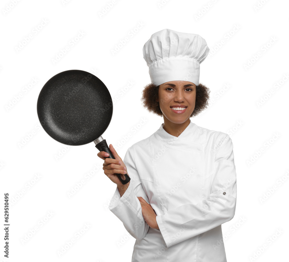 Happy female chef in uniform holding frying pan on white background Happy female chef in uniform holding frying pan on white background