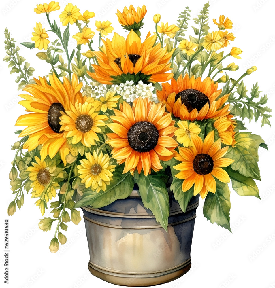 Obraz premium Yellow Sunflowers in pot, watercolor illustration