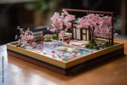 Diorama of Japanese garden. Hot spring, toy holiday home. Miniature of Japanese resort created with Generative AI Technology © Taras