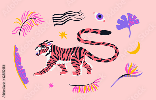 Poster with cute tiger  eye  banana leaf  palm tree on the pink background. Cartoon vector illustration for cover  postcard  stickers  t shirt.