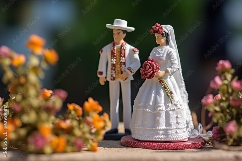 Obraz premium Spanish or Mexican wedding in miniature style. Two lovers in beautiful wedding dresses. Little toy husband and wife. Concept of love, romance created with Generative AI Technology