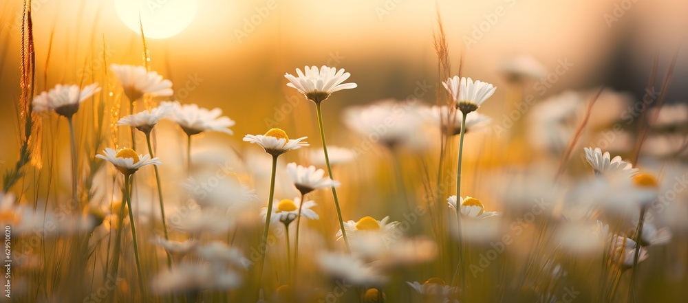 The landscape of white daisy blooms in a field, with the focus on the setting sun. The grassy meadow is blurred, creating a warm golden hour effect during sunset and sunrise time. - obrazy, fototapety, plakaty 