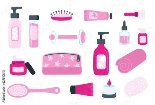 Set of trendy pink beauty products and skincare elements in flat style. Cream, cosmetic bag, brush, candle. Vector illustration