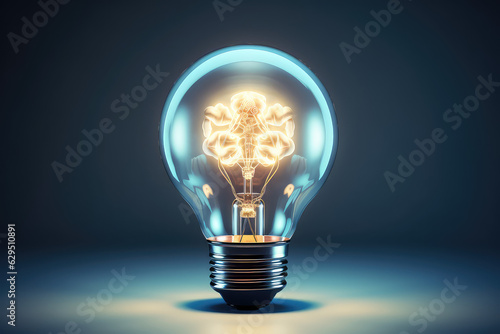 Burning classic light bulb with a small glow in the dark brain inside isolated on a dark background. Creative brainstorming concept, idea, startup. 3d render illustration style.