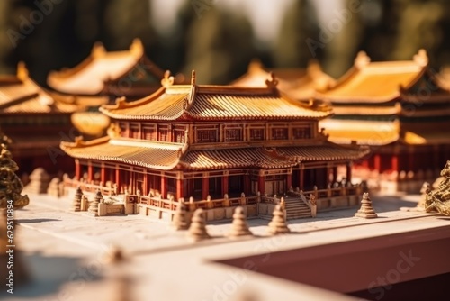 Chinese traditional Diorama Palace. Miniature ancient castle in China. Medieval Asian architecture. Beautiful landscape created with Generative AI Technology