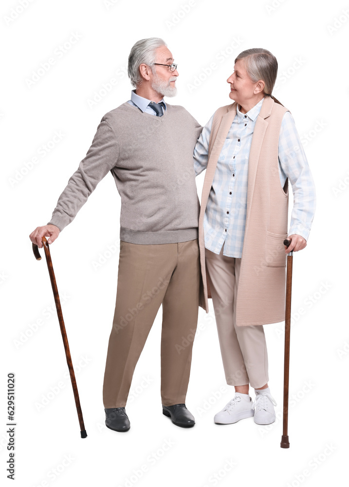 Senior man and woman with walking canes on white background Senior man and woman with walking canes on white background