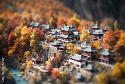 Chinese monastery in mountains in autumn landscape. Diorama Architecture of China. Miniature Traditional Medieval ancient Buddhist houses created with Generative AI Technology