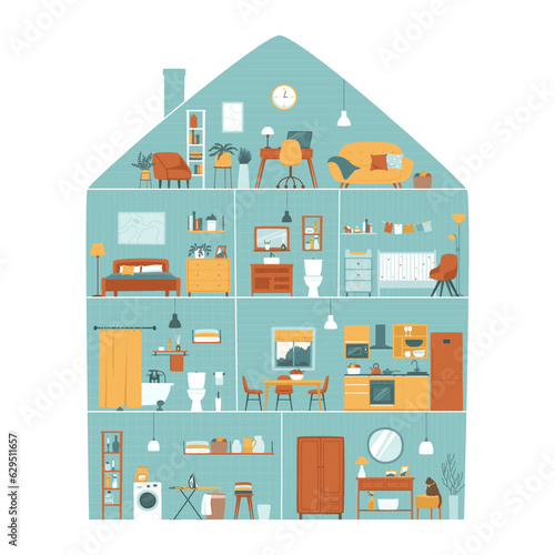 House with room interiors. Part of the house with rooms: bathroom, living room, home office, bedrooms, kitchen, attic. Sectional house concept. Flat vector illustration.
