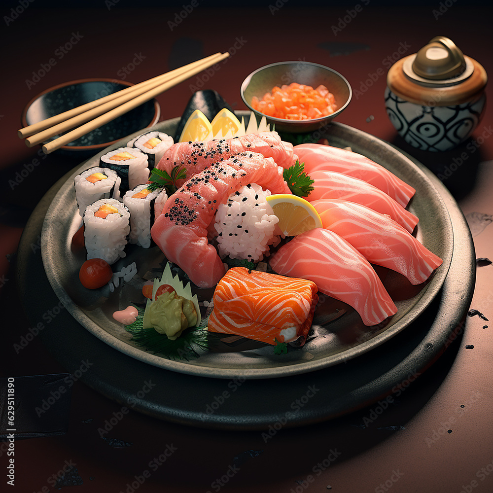 Sushi with salmon, Japanize food, fresh fish, rice, vegetables, fruits, colors, flowers Sushi with salmon, Japanize food, fresh fish, rice, vegetables, fruits, colors, flowers
