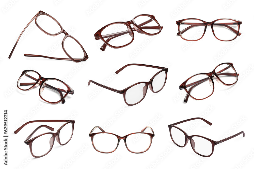Collage with glasses isolated on white, different sides Collage with glasses isolated on white, different sides