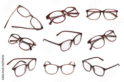 Collage with glasses isolated on white, different sides