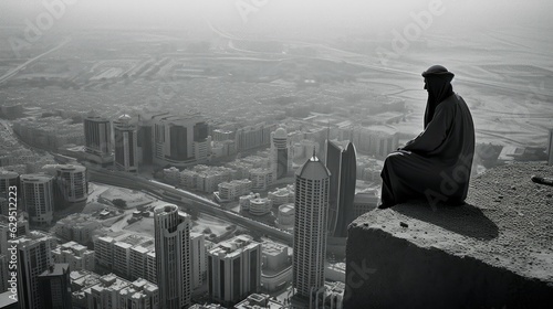 Arab man looks at city from high point. Middle East architecture. Concept of thoughtfulness and calmness. Panoramic cityscape created with Generative AI Technology