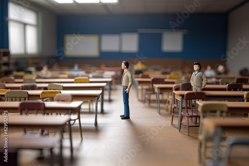 Miniature school teacher. Little toy Man stands in middle of classroom with desks and tables. Concept of education, training created with Generative AI Technology