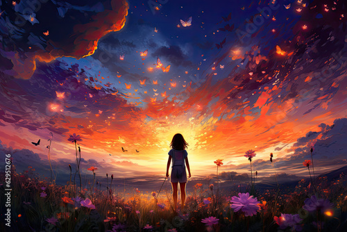Girl in the sunset with Butterflies and Glowing Sky, Generative Ai