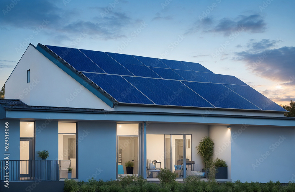 Photovotaic Solar Panel Instalation at a roof at suset. Solar energy house Factory. Photovotaic Solar Panel Instalation at a roof at suset. Solar energy house Factory.