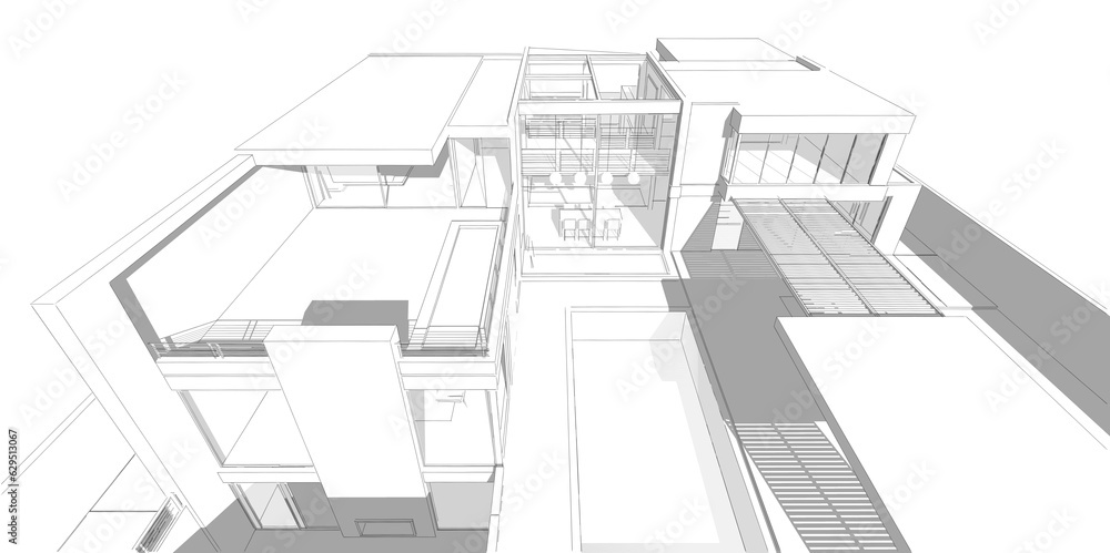 Modern house architectural drawing 3d illustration 