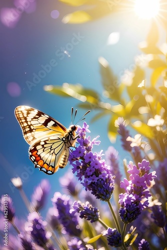 Sunny summer nature background with fly butterfly and lavender flowers with sunlight and bokeh. Outdoor nature banner  © Fantasy24