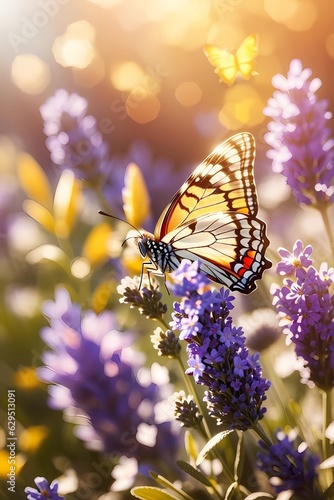 Sunny summer nature background with fly butterfly and lavender flowers with sunlight and bokeh. Outdoor nature banner
