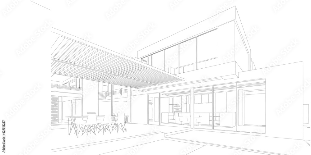 Modern house architectural drawing 3d illustration Modern house architectural drawing 3d illustration
