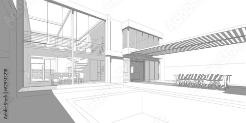 Modern house architectural drawing 3d illustration 