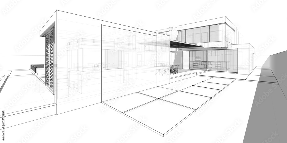 Modern house architectural drawing 3d illustration Modern house architectural drawing 3d illustration