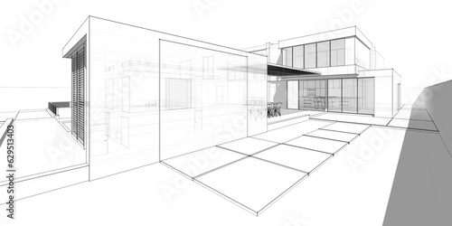 Modern house architectural drawing 3d illustration 