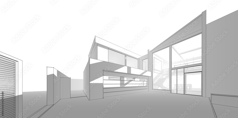 Modern house architectural drawing 3d illustration Modern house architectural drawing 3d illustration