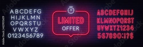 Limited Offer neon sign in the speech bubble on brick wall background. White and red neon alphabets.