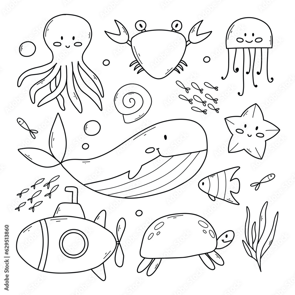 Set of sea animals in doodle style. Vector illustration. Collection of marine inhabitants. Linear crab, octopus, jellyfish, whale, fish. Set of sea animals in doodle style. Vector illustration. Collection of marine inhabitants. Linear crab, octopus, jellyfish, whale, fish.