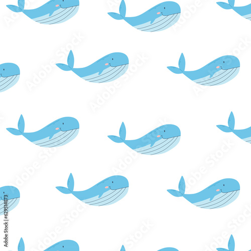 Childish seamless pattern with a whale. Vector illustration. Kids print with a skim whale.