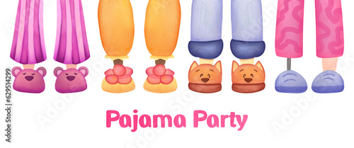 pink Pajama party. Legs in funny fluffy comfort slippers on transparent background. slumber watercolor style for kids. invitation to birthday celebration in comfortable shoes, clothes. Good night