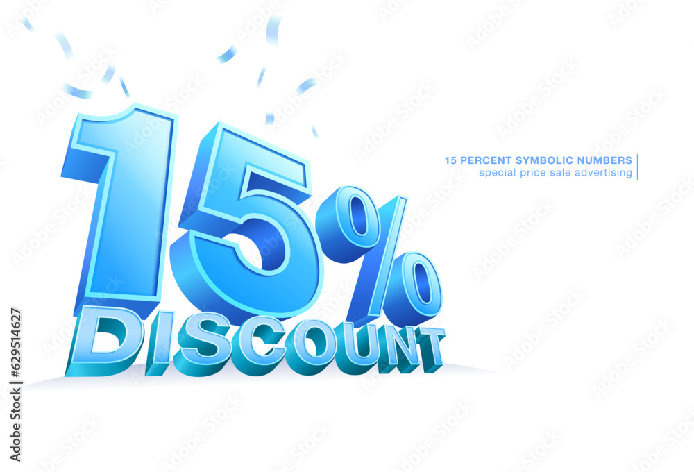 15 percent discount number symbol 3d font blue Isolated on white background. advertisements, coupons, sales promotions. illustrator 3d vector file.