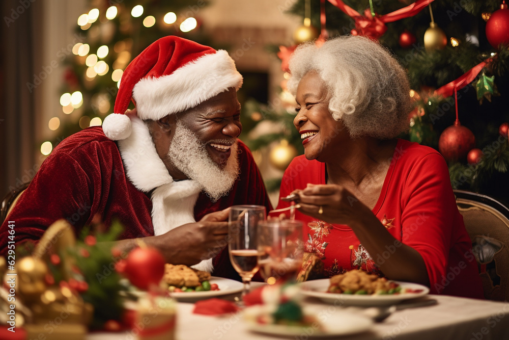 Elderly couple or senior adults at Christmas festive dinner together. Generative AI Elderly couple or senior adults at Christmas festive dinner together. Generative AI