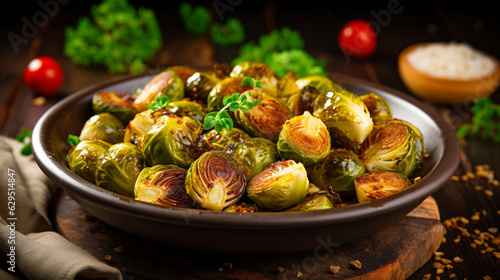 Brussels Sprouts in a bowl roasted with olive oil on dark wooden background. Vegetarian cuisine. Healthy vegetable side dish. Thanksgiving day food concept. Traditional roasted Brussel sprouts photo
