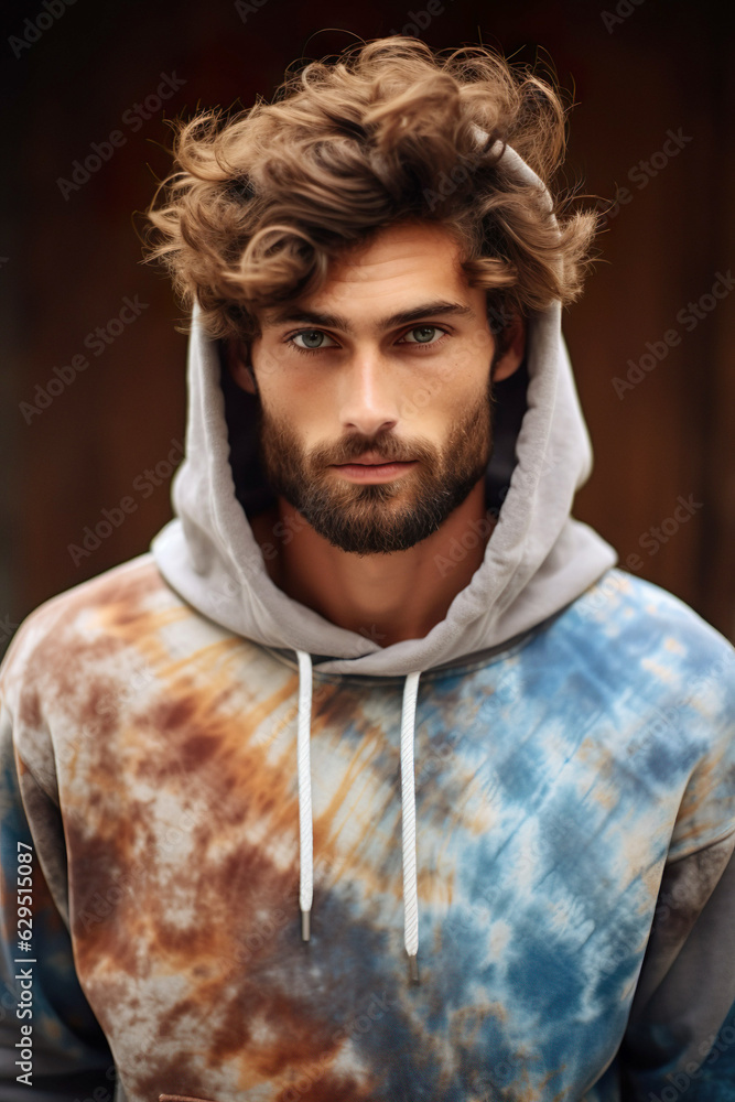 Young mand in tie dye hoodie on dark background. Young mand in tie dye hoodie on dark background.