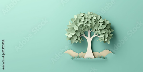 Creative concept Earth Day banner template. Nature, trees and green leaves in paper cut out style. 3d render illustration style illustration.