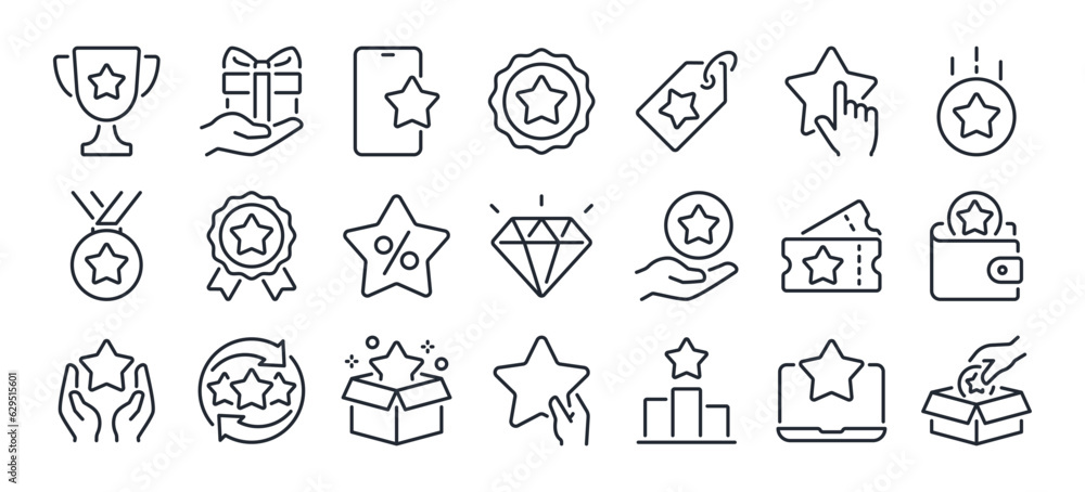 Exclusive benefit, prize, incentive, reward editable stroke outline icons set isolated on white background flat vector illustration. Pixel perfect. 64 x 64. - obrazy, fototapety, plakaty 