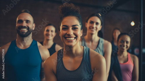 Fitness enthusiasts enjoying a workout session at the gym, friends train together. Participating in a cheerful Pilates class, expressing happiness through exercise, Generative AI.