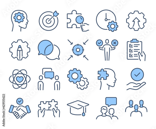 Soft skills concept blue editable stroke outline icons set isolated on white background flat vector illustration. Pixel perfect. 64 x 64.