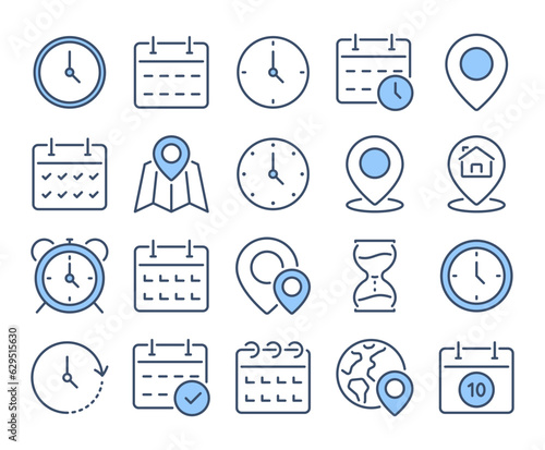 Time, date and address blue editable stroke outline icons set isolated on white background flat vector illustration. Pixel perfect. 64 x 64.