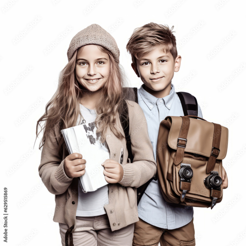 Kids Carrying School Bags Back to School Child Standing Back to Back with Backpacks ready for the first day of School Kids Carrying School Bags Back to School Child Standing Back to Back with Backpacks ready for the first day of School