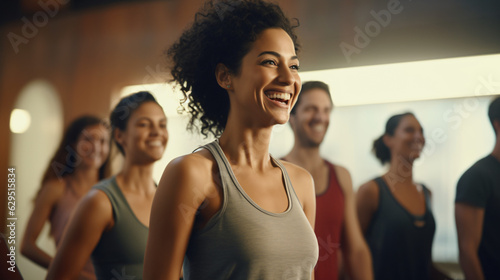 Fitness enthusiasts enjoying a workout session at the gym, friends train together. Participating in a cheerful Pilates class, expressing happiness through exercise, Generative AI.