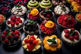 Buffet of different fruits, desserts and snacks, professional food photography, generative ai