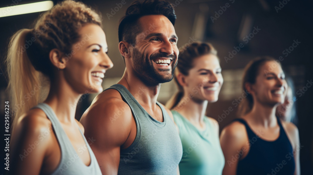 Fitness enthusiasts enjoying a workout session at the gym, friends train together. Participating in a cheerful Pilates class, expressing happiness through exercise, Generative AI.